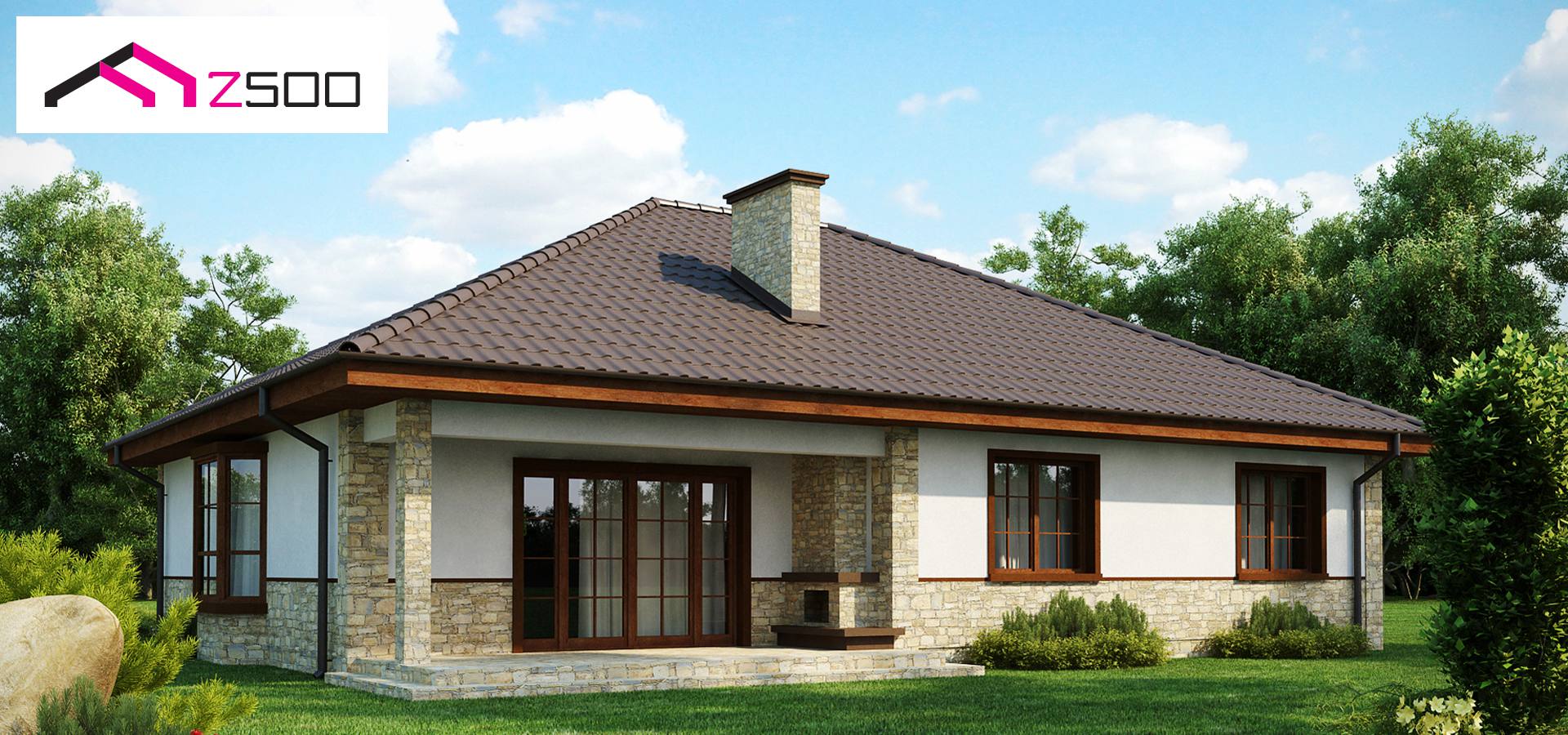 Готовый проект дома Z10 - Одноэтажный дом с многоскатной кровлей, эркером и камином на террасе.