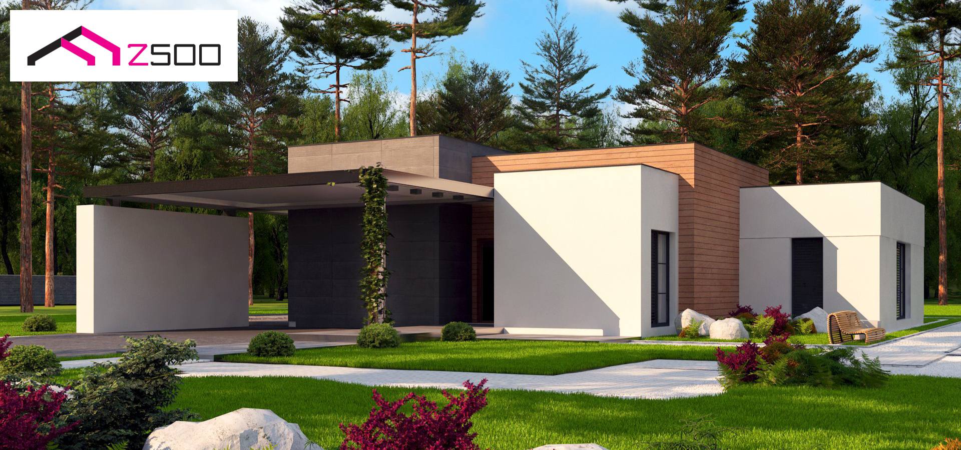 Готовый проект дома Zx183 - Дом в стиле минимализм с плоской кровлей, навесом и тремя спальнями