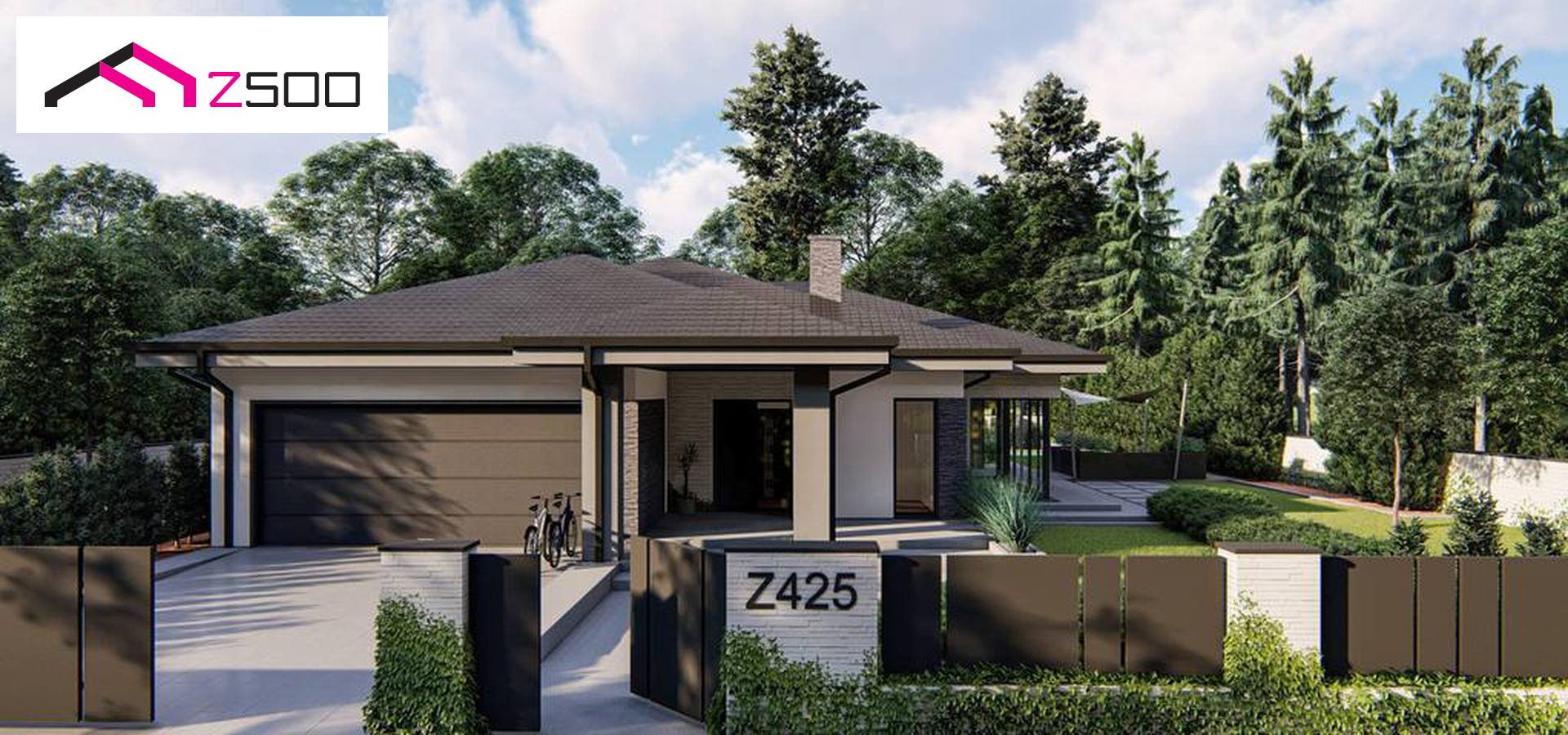 Готовый проект дома Z425 - Cовременный одноэтажный дом с многоскатной крышей и гаражом на две машины.