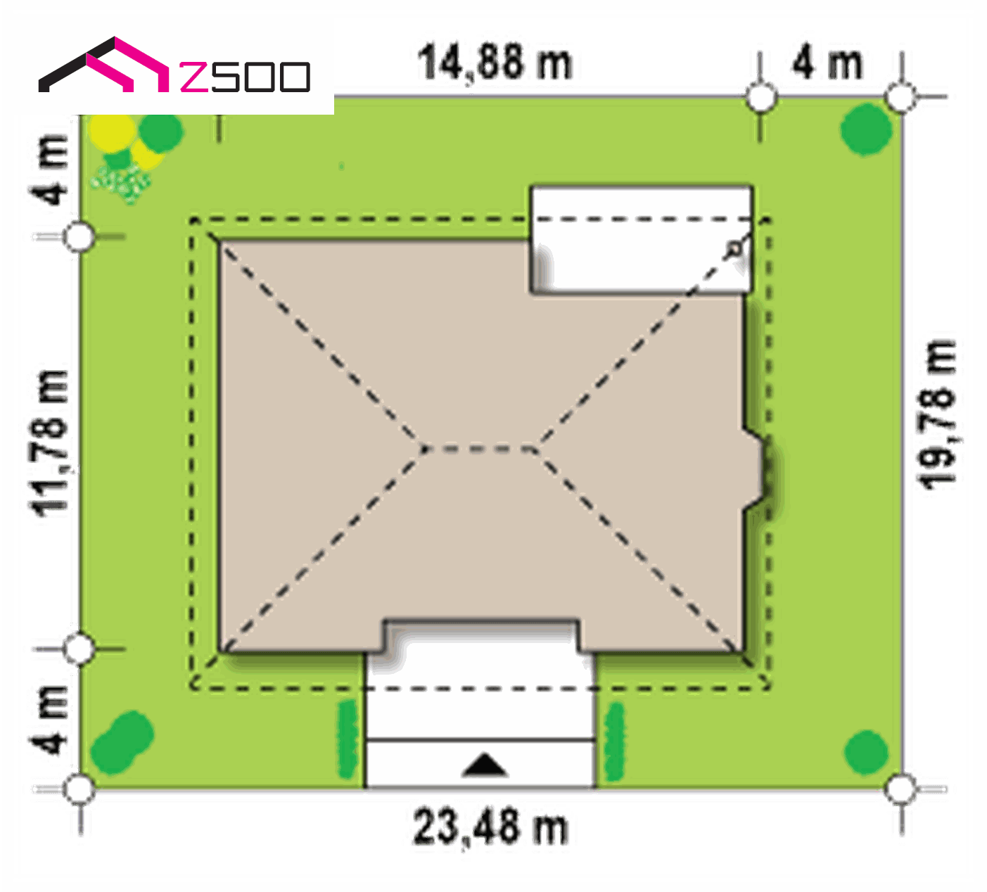 Готовый проект дома  - Одноэтажный дом с многоскатной кровлей, эркером и камином на террасе.