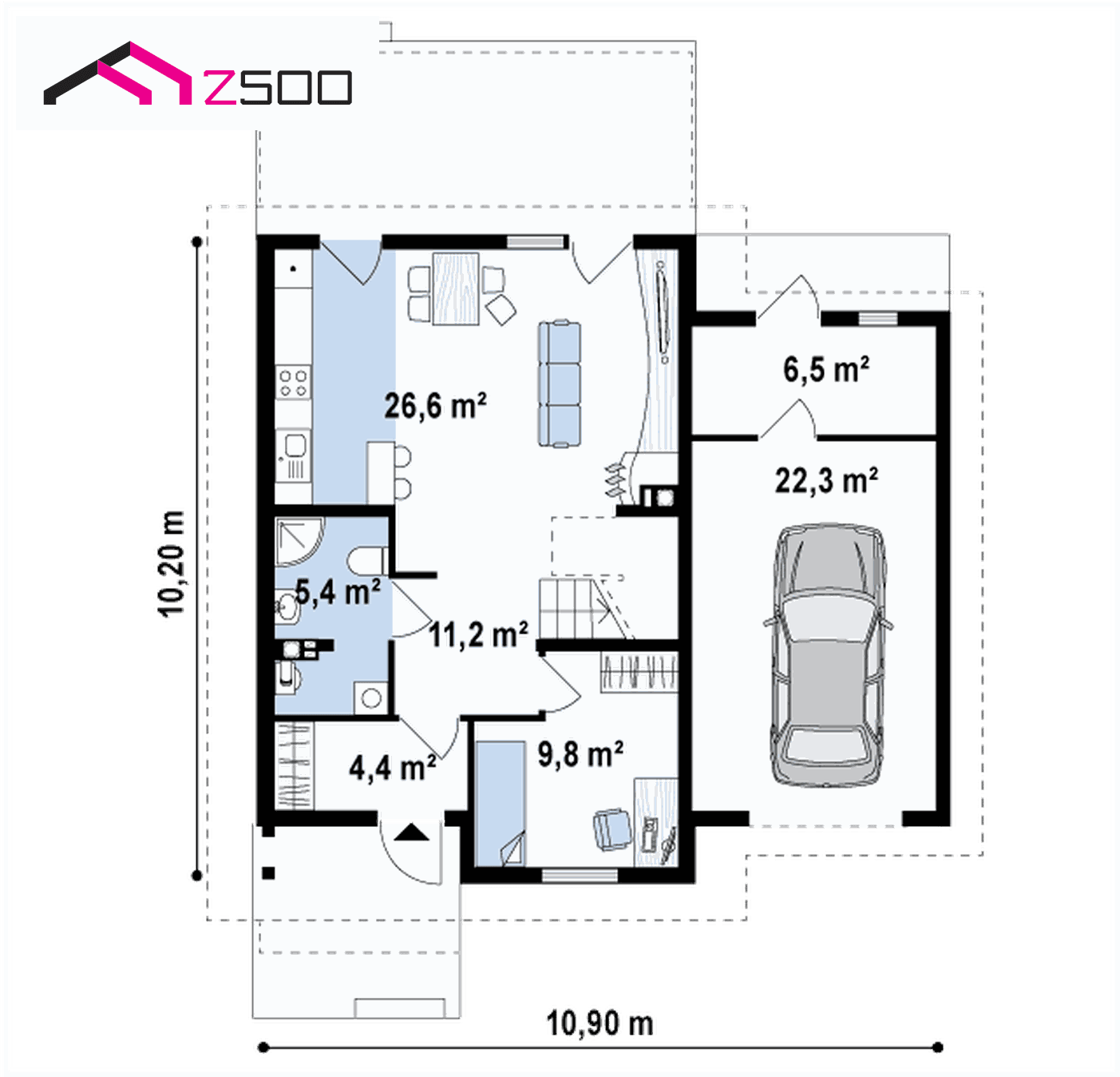 Готовый проект дома  - Зеркальное отображение проекта Z38 с гаражом с правой стороны.