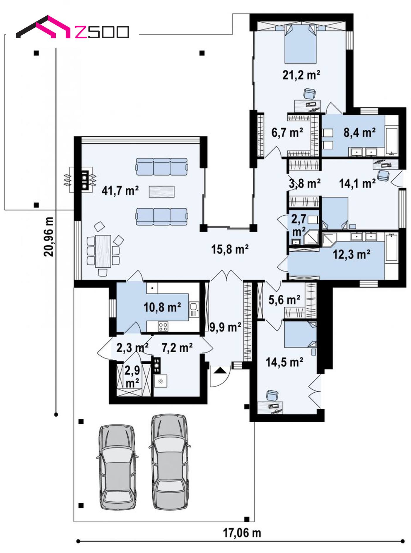 Готовый проект дома  - Дом в стиле минимализм с плоской кровлей, навесом и тремя спальнями