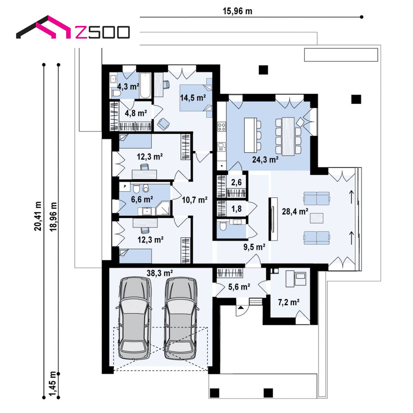 Готовый проект дома  - Cовременный одноэтажный дом с многоскатной крышей и гаражом на две машины.