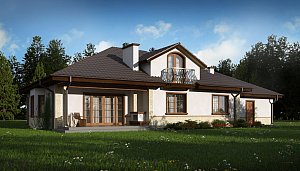 Усадьба в классическом стиле с элегантным фасадным окном на мансарде и гаражом.