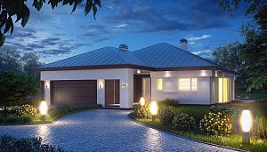 Удобный одноэтажный дом с гаражом для двух автомобилей, с большой площадью остекления в дневной зоне.