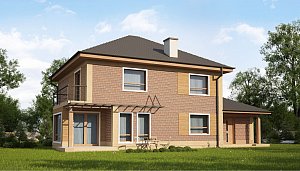 Проект комфортного двухэтажного дома с гаражом. Фасады в кирпичной облицовке.