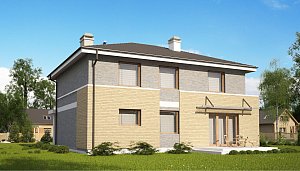 Комфортабельный двухэтажный дом простого современного дизайна. Кирпичная облицовка фасадов.