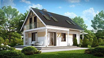 Экономичный в строительстве и реализации дом с удобной планировкой, с навесом для автомобиля.