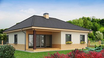 Практичный одноэтажный дом с многоскатной кровлей и угловым окном в кухне.