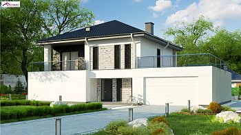 Коттедж в современном стиле с гаражом на две машины и террасой на втором этаже