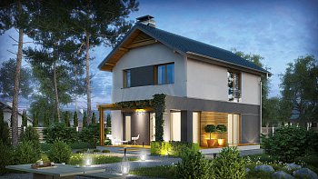 Небольшой двухэтажный дом с современными архитектурными элементами, подходящий для узкого участка.