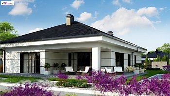 Современный одноэтажный дом с функциональной планировкой и оригинальным экстерьером.