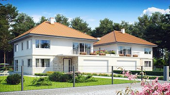 Проект просторного двухэтажного дома для симметричной застройки с террасой над гаражом.