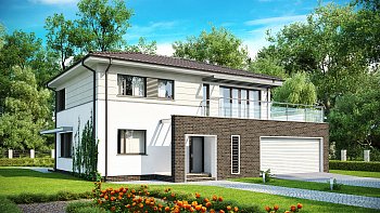 Практичный двухэтажный дом простой формы  с низкой крышей, с гаражом для двух автомобилей.