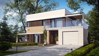 Современный элегантный дом с гостиной с фронтальной стороны.